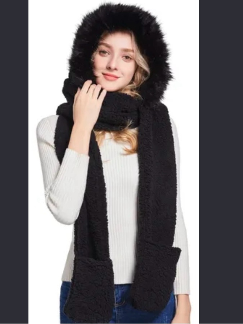 Black Faux Fur Hooded Scarf with Pockets - Women
